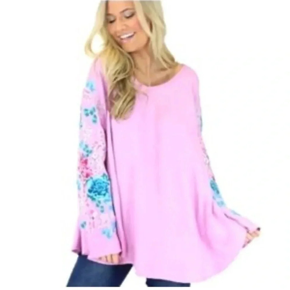 Anthropologie | Judith March | Pink Tunic Floral Embroidered Sleeves Boho Size S